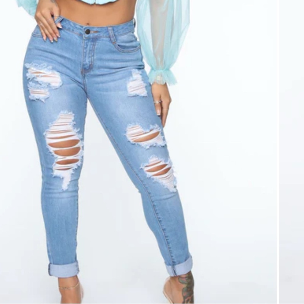 Fashion Nova Light Blue Distressed Skinny Jeans